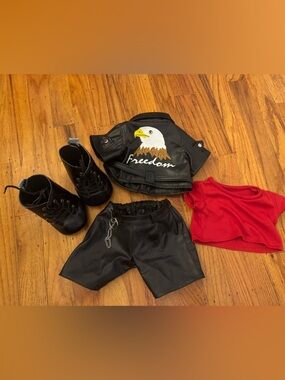 Build A Bear Black Faux Leather USA Freedom Eagle Jacket Pants Shirt Boots